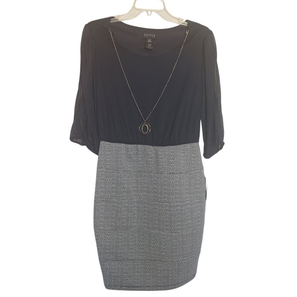 Enfocus Dress Midi Pullover 3/4 Slit Sleeve Black Gray Attached Necklace 10P